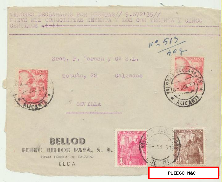 carta de valores declarados de Elda a Sevilla. Del 3 jul 1951. Franqueado con Edifil 1027, 1032 y 2-Edifil