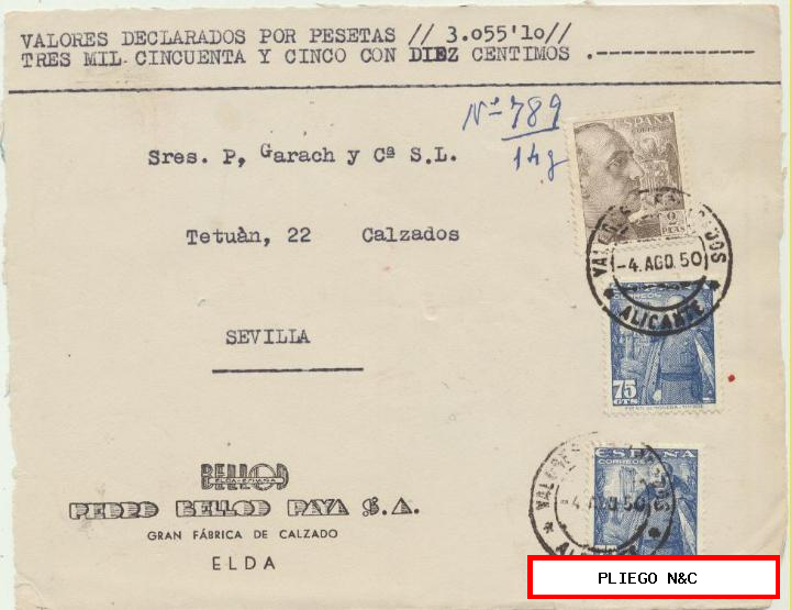 carta de valores declarados de Elda a Sevilla. Del 4 ago. 1950 franqueado con Edifil 1057 y 2 nº 1031 frontal de carta