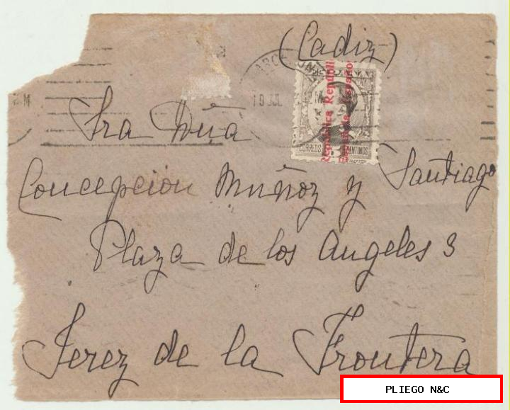 frontal de carta de Barcelona a jerez de la frontera del 1933. Franqueado con 5 cts. de Alfonso xiii