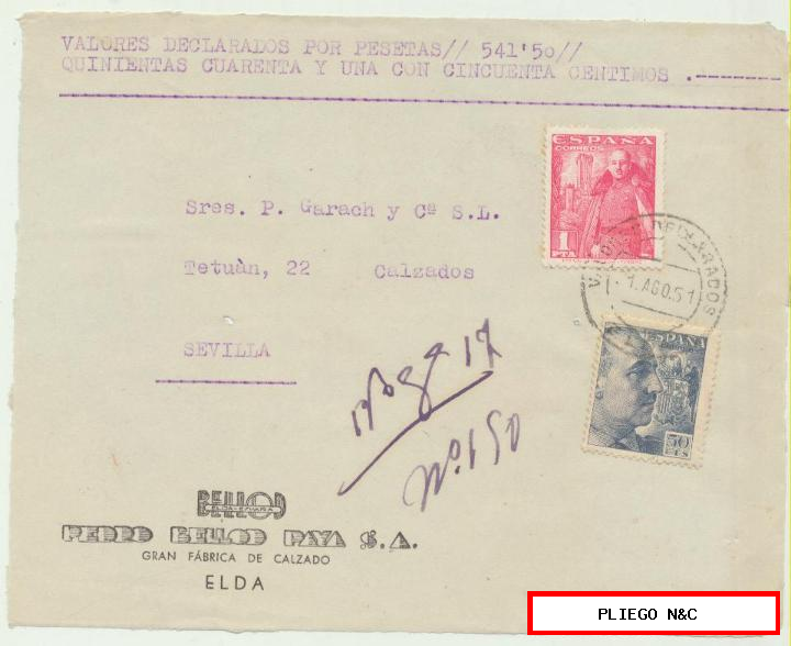 carta de valores declarados de Elda a Sevilla. Del 21 ago. 1951. Franqueado con Edifil 1032 y 1053. Frontal de carta