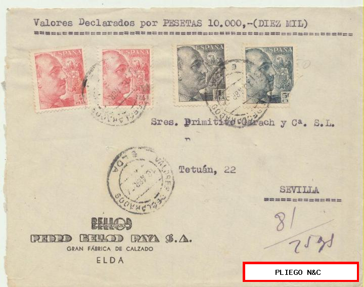 carta de valores declarados de Elda a Sevilla. Del 16 abr. 1954. Franqueado con Edifil 1053, 1056 y-1058 (2)