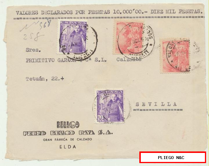carta de valores declarados de Elda a Sevilla. Del 26 oct. 1950. Franqueado con Edifil 1030 (2) y 1058 (2)