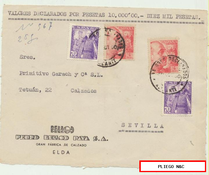 carta de valores declarados de Elda a Sevilla. Del 30 oct. 1950. Franqueado con Edifil 1030 (2) y 1058-2