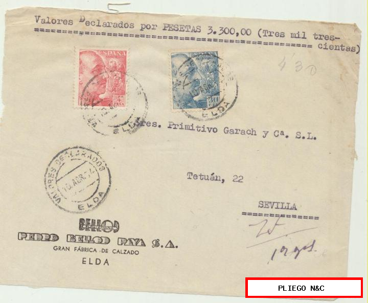 carta de valores declarados de Elda a Sevilla. Del 10 abr. 1954. Franqueado con Edifil 924 y 1058. Frontal de carta