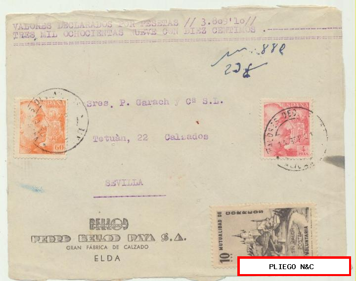 carta de valores declarados de Elda a Sevilla. Del 15 sep 1951. Franqueado con Edifil 1054 y 1058. Y 10 cts.