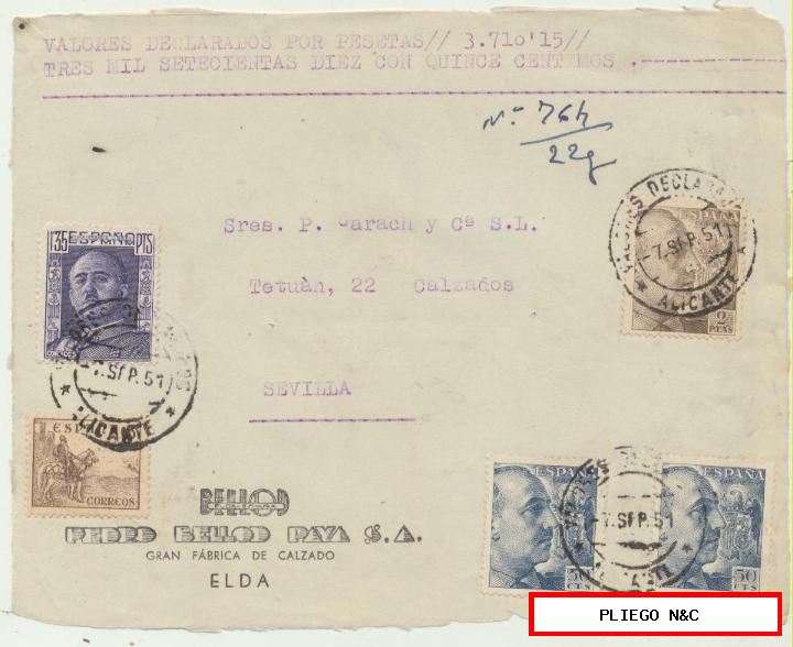 carta de valores declarados de Elda a Sevilla. Del 7 sep. 1951. Con Edifil 1053 (2), 1057, 1061 y 5. cts. Del cid campeador