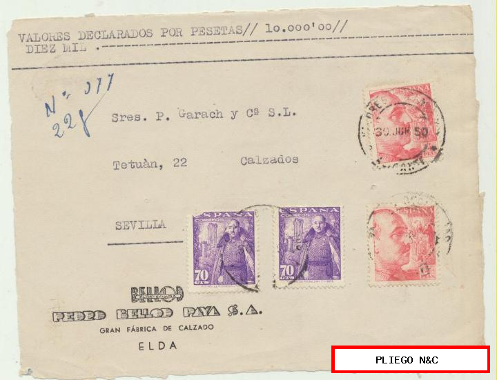 carta de valores declarados de Elda a Sevilla. Del 25 ago. 1951. Franqueado con Edifil 1030 (2) y 1058 (2) frontal de carta