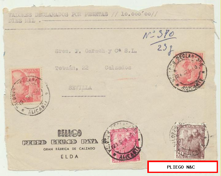 carta de valores declarados de Elda a Sevilla. Del 21 sep 1950. Con Edifil 1027, 1032 y 1058 (2) frontal de carta