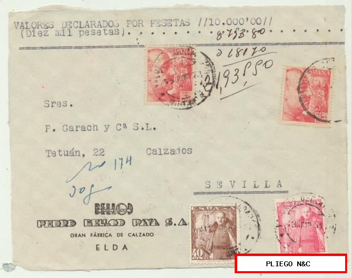 carta de valores declarados de Elda a Sevilla. Del 13 jun 1951. Con Edifil 1058 (2), 1027 y 1032. Frontal de carta