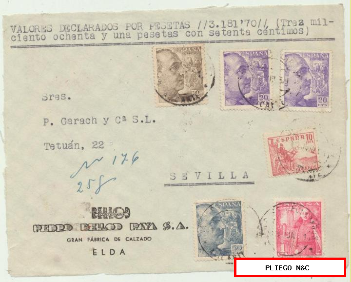 carta de valores declarados de Elda a Sevilla. Del 3 jun 1951. Con Edifil 922 (2), 1053, 1057, 1032 y 10 cts. del cid campeador