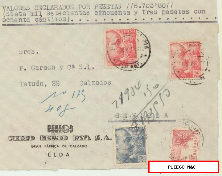 carta de valores declarados de Elda a Sevilla. Del 13 jun 1951. Con Edifil 1058 (2), 1053 y 10 cts. Del cid campeador