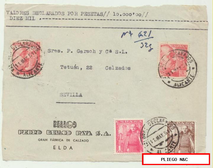 carta de valores declarados de Elda a Sevilla. Del 11 may 1951. Con Edifil 1058 (2), 1027 y 1032. Frontal de carta