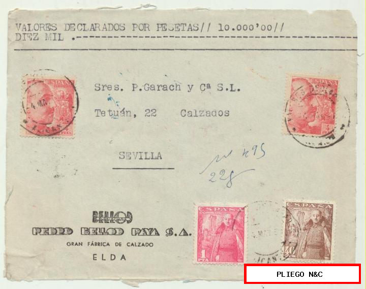 carta de valores declarados de Elda a Sevilla. Del 4 may 1951. Con Edifil 1058 (2), 1027 y 1032. Frontal de carta