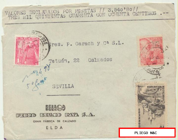 carta de valores declarados de Elda a Sevilla. Del 4 may 1951. Con Edifil 1058, 1032 y 10 cts. Mutualidad de correos