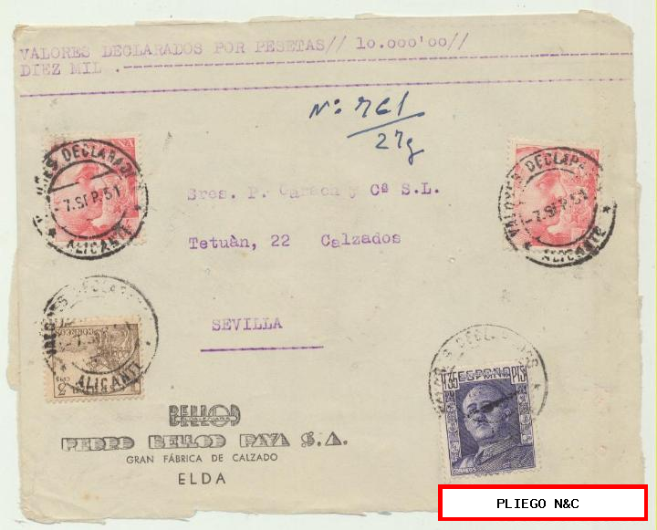 carta de valores declarados de Elda a Sevilla. Del 7 sep 1951. Con Edifil 1058 (2), 1061 y 5 cts. Del cid campeador
