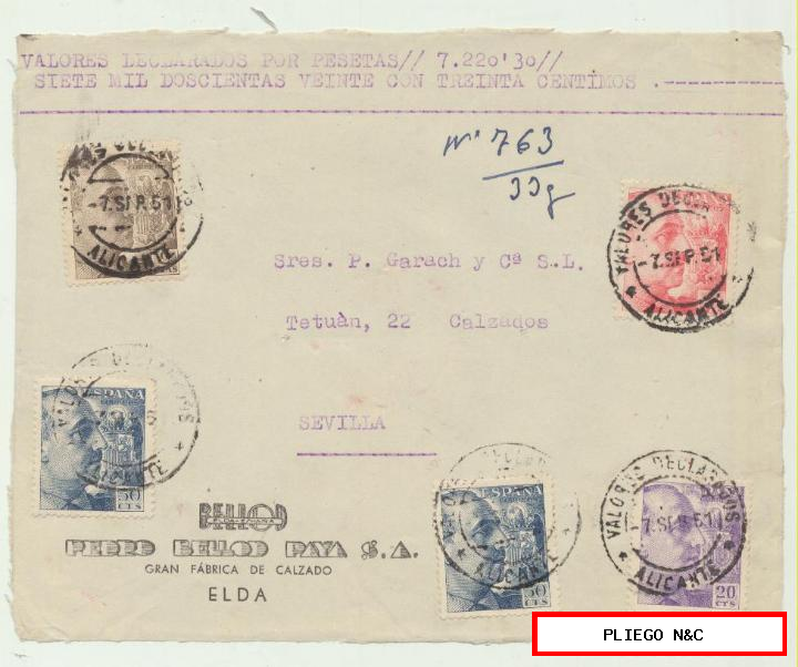 carta de valores declarados de Elda a Sevilla. Del 7 sep. 1951. Con Edifil 922, 1053 (2), 1057 y 1058