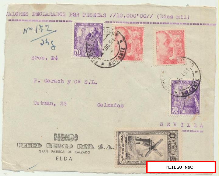 carta de valores declarados de Elda a Sevilla. Del 3 ago. 1951. Franqueado con Edifil 1030 (2) y 1058 (2) y 10 cts.