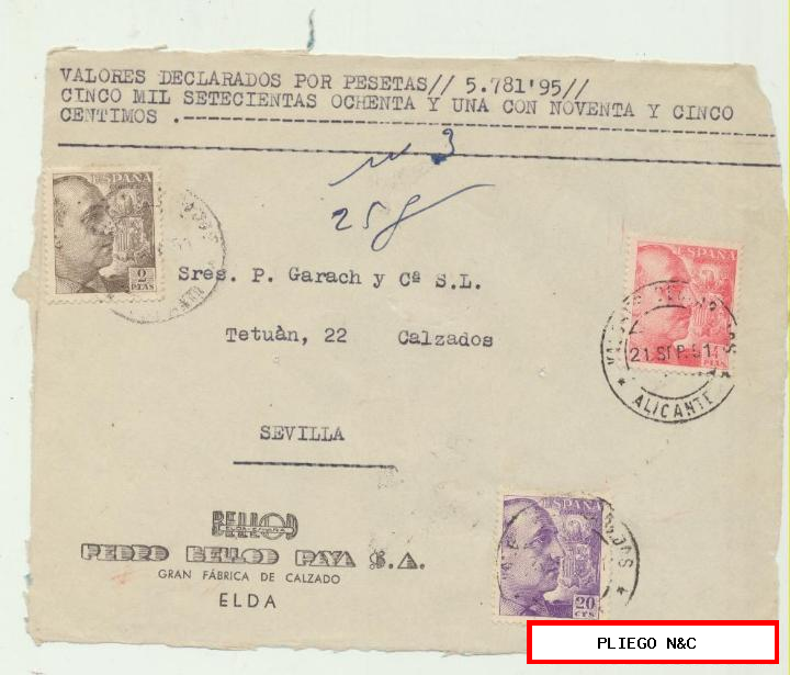 carta de valores declarados de Elda a Sevilla. Del 21 sep 1951. Con Edifil 922, 1057 y 1058. Frontal de carta