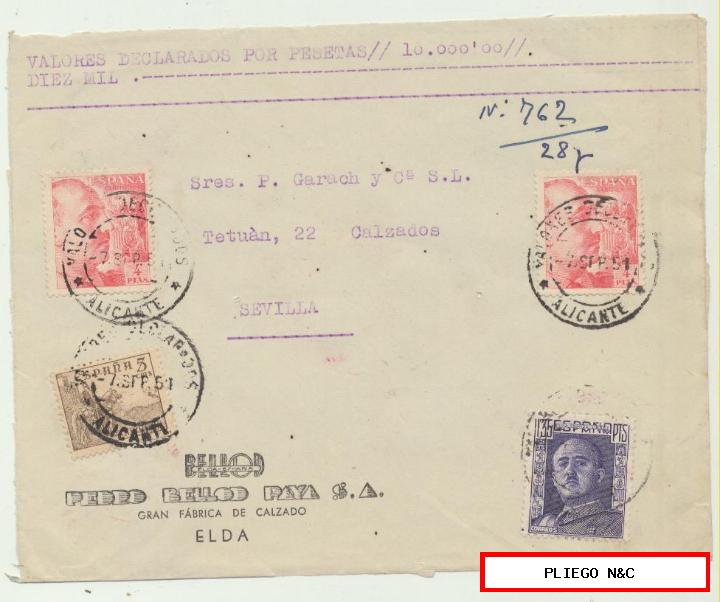 carta de valores declarados de Elda a Sevilla. Del 7 sep 1951. Con Edifil 1061, 1058 (2) y 5 cts. Del cid campeador