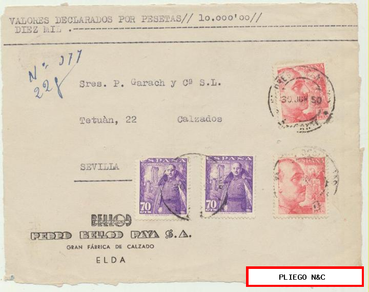 carta de valores declarados de Elda a Sevilla. Del 30 jun. 1950. Con Edifil 1030 (2) y 1058 (9) Frontal de carta