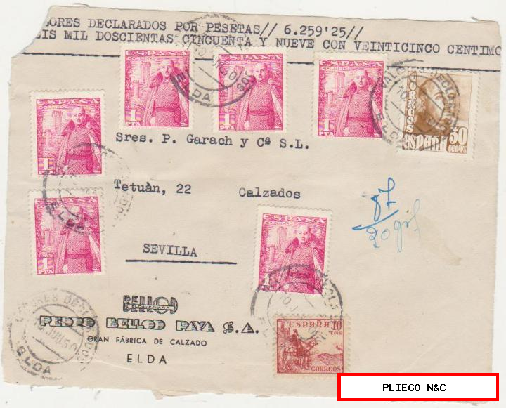 frontal de carta. Valores declarados de Elda a Sevilla del 10 jun 1950. Con Edifil 1032 (6), 1022 y 1045