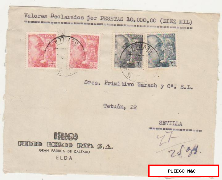 frontal de carta. Valores declarados de (?) Sevilla a Sevilla del 1950. Con Edifil 933 (2), 930 y 927
