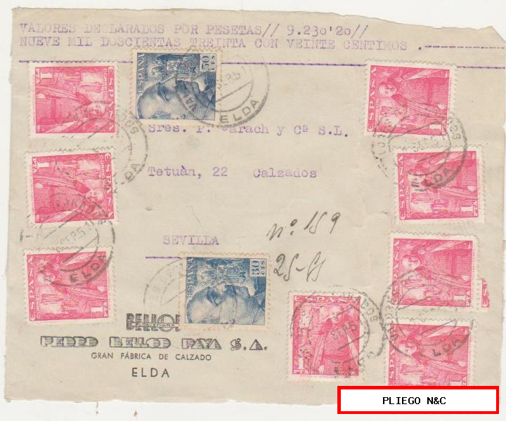 frontal de carta. Valores declarados de Elda a Sevilla del 1 sep. 1951. Con Edifil 1032 (8), 924 y 927