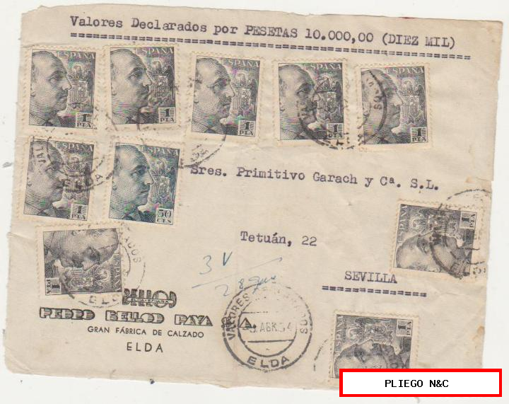 frontal de carta. Valores declarados de Elda a Sevilla del 3 abr. 1954. Con Edifil 930 (9) y 927