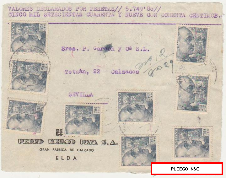 frontal de carta. Valores declarados de Elda a Sevilla del 1950. Con Edifil 927 (9)