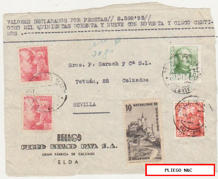 frontal de carta. Valores declarados de alicante a Sevilla del 4 jun. 1951. Con Edifil 1032, 933 (2) y 1021