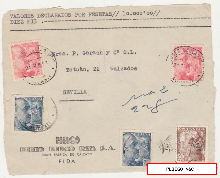 frontal de carta. Valores declarados de alicante a Sevilla del 21 sep. 1951. Con Edifil 933 (2) 927 (2) y 1027