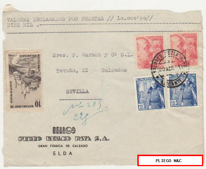 frontal de carta. Valores declarados de alicante a Sevilla del 22 abr. 1951. Con Edifil 933 (2), 1031 (2)