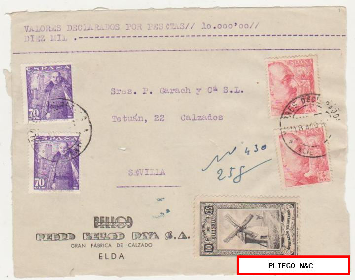 frontal de carta. Valores declarados de alicante a Sevilla del 18 ago. 1951. Con Edifil 933 (2), 1030 (2)