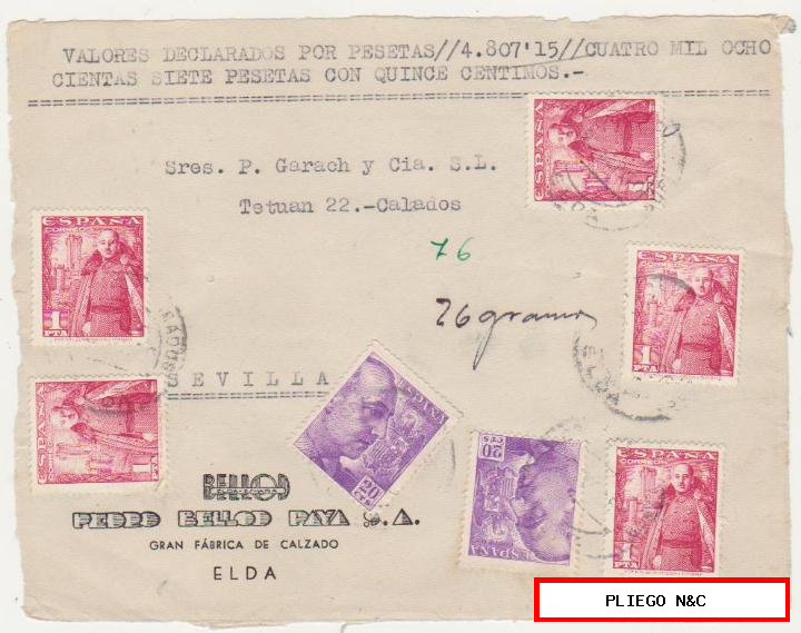 frontal de carta. Valores declarados de Elda a Sevilla del 23 oct 1950. Con Edifil 1032 (5) y 922 (2)
