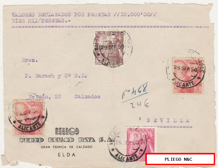 frontal de carta. Valores declarados de alicante a Sevilla del 29 se. 1950. Con Edifil 933 (2), 1032 y 1027