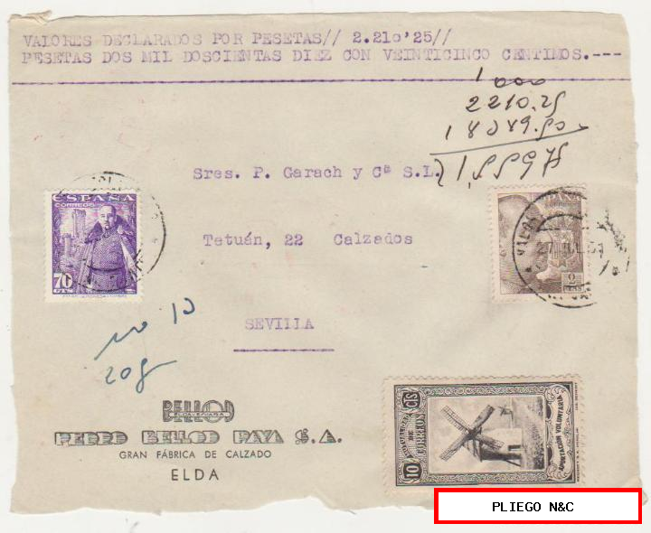 frontal de carta. Valores declarados de alicante a Sevilla del 2 jul. 1951. Con Edifil 932, 1030 y 10 cts. Mutualidad de correos
