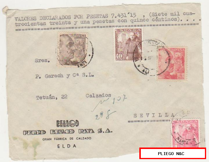 frontal de carta. Valores declarados de alicante a Sevilla del 3 jul. 1951. Con Edifil 932, 933, 1027 y 1032