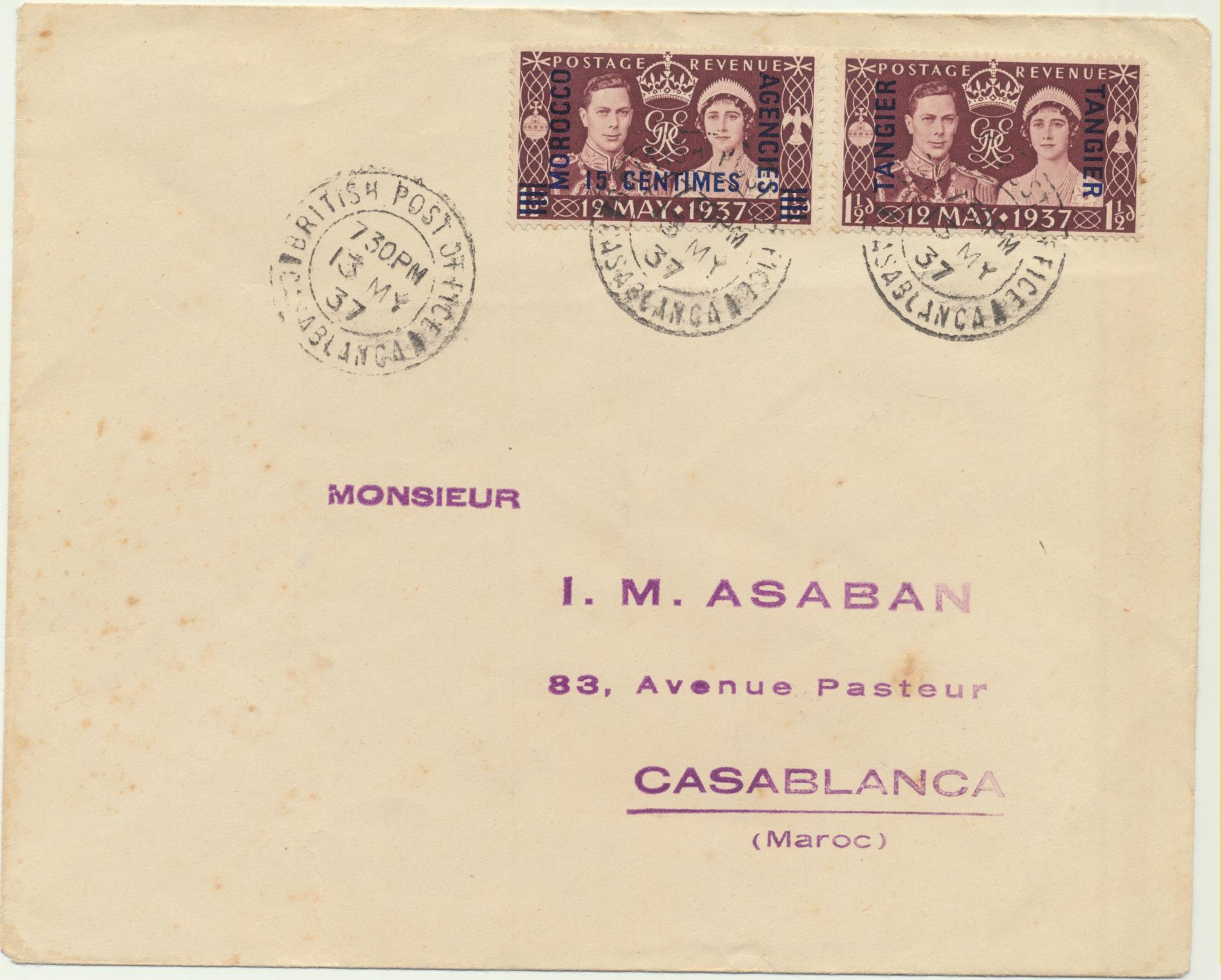 Carta a Casablanca del 13 My 1937. Franqueado 2 sellos Morocco Agencies 15 Centimes y Tangier. Matasellos: British Post Office-Casablanca