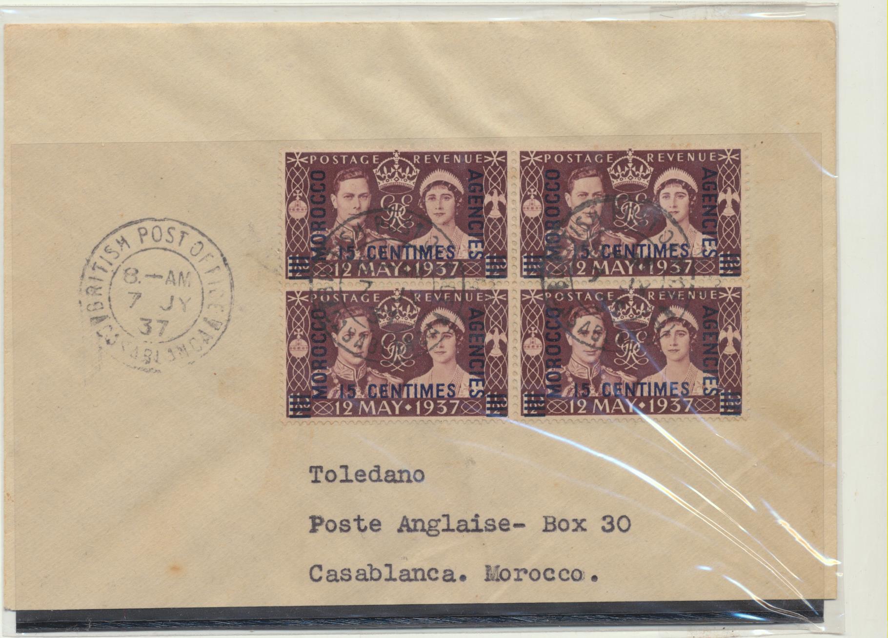 Carta a Casablanca del 7 Jy 1937. Franqueada con 4 sellos MOrocco Agencies 15 Centimes. y matasellos British Post Office-Casablanca