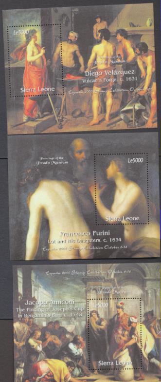 2000. Sierra Leona. Pinturas del Museo del Prado. Velázquez, Furini y Amiconi 3 HB **