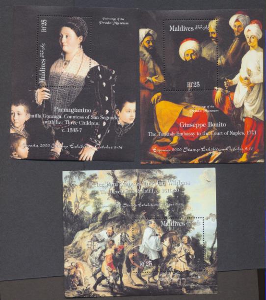 2000. Maldivas. Pinturas del Prado. Rubens, Parmigianino y Giuseppe Bonito. 3 HB **