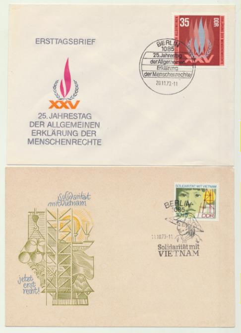 DDR. Alemania Democrática. 2 sobres Primer Día. 1973. 25 Aniversario y Solidaridad con Vietnam Yvert 1573 y 1579