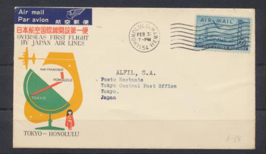 Sobre Primer día. Overseas Firs Flight by Japan Airlines. Honolulu-Tokio. 3-Feb-1954. Franqueado con aéreo 38 de Estados Unidos