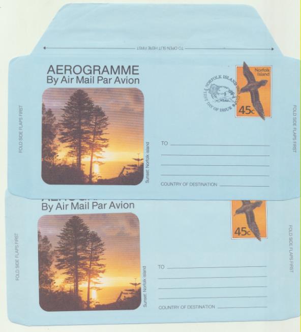 Norfolk Island 1985. 2 aerogramas. Con y sin matasello primer día