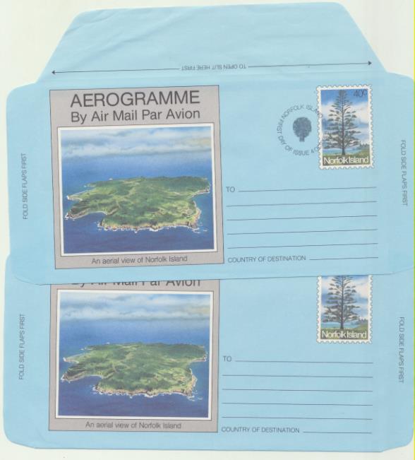 Norfolk Island 1983. 2 aerogramas. Con y sin matasello primer día