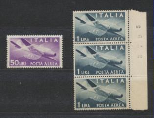 Italia 1945. Correo Aéreo. 1 Lira (3) ** y 50 Liras **