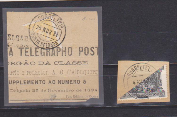 Portugal. 2 fragmentos con sellos Bisectados, Matasellados con Fechadores 1894 y 1912. Uno de ellos de punta Delgada