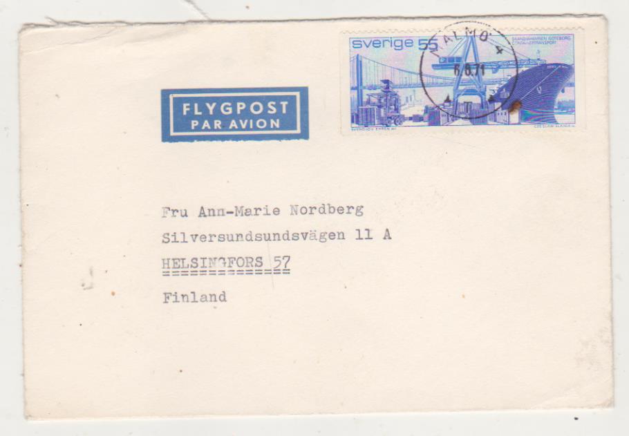 Carta de Malmö (Suecia) a Helsingfors (Finlandia) Del 6-8-71