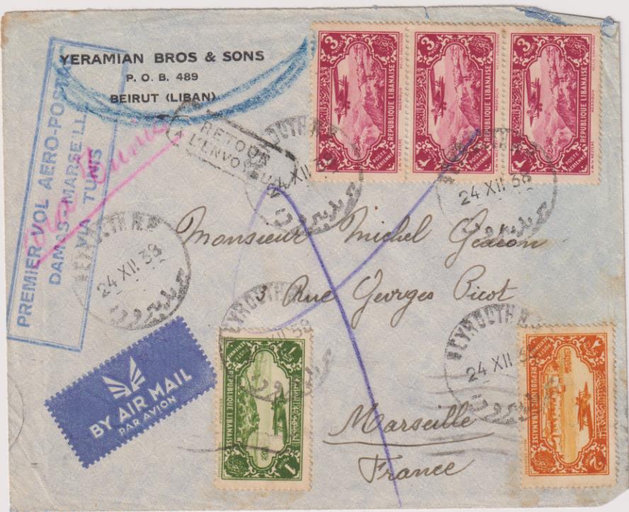 Carta de Beirut a Marsella. del 24-XII-38. Primer Vuelo Aéreo Postal, Damas-Marsella Vía Túnez. RARO