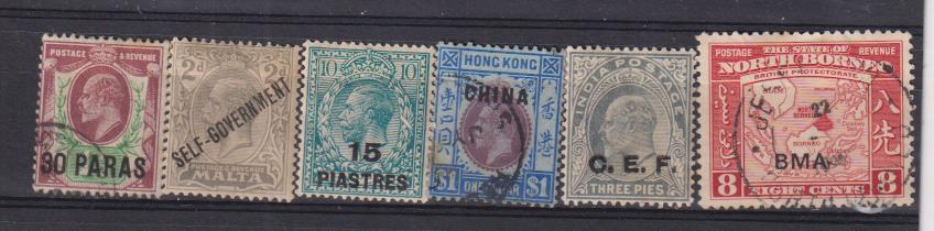 Colonias Inglesas. 6 sellos sobrecargados: 3 nuevos con goma y 3 usados. Malta, China, India, Norte de Borneo... 